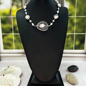 Herringbone Wire Wrapped Pearl Collar Necklace.